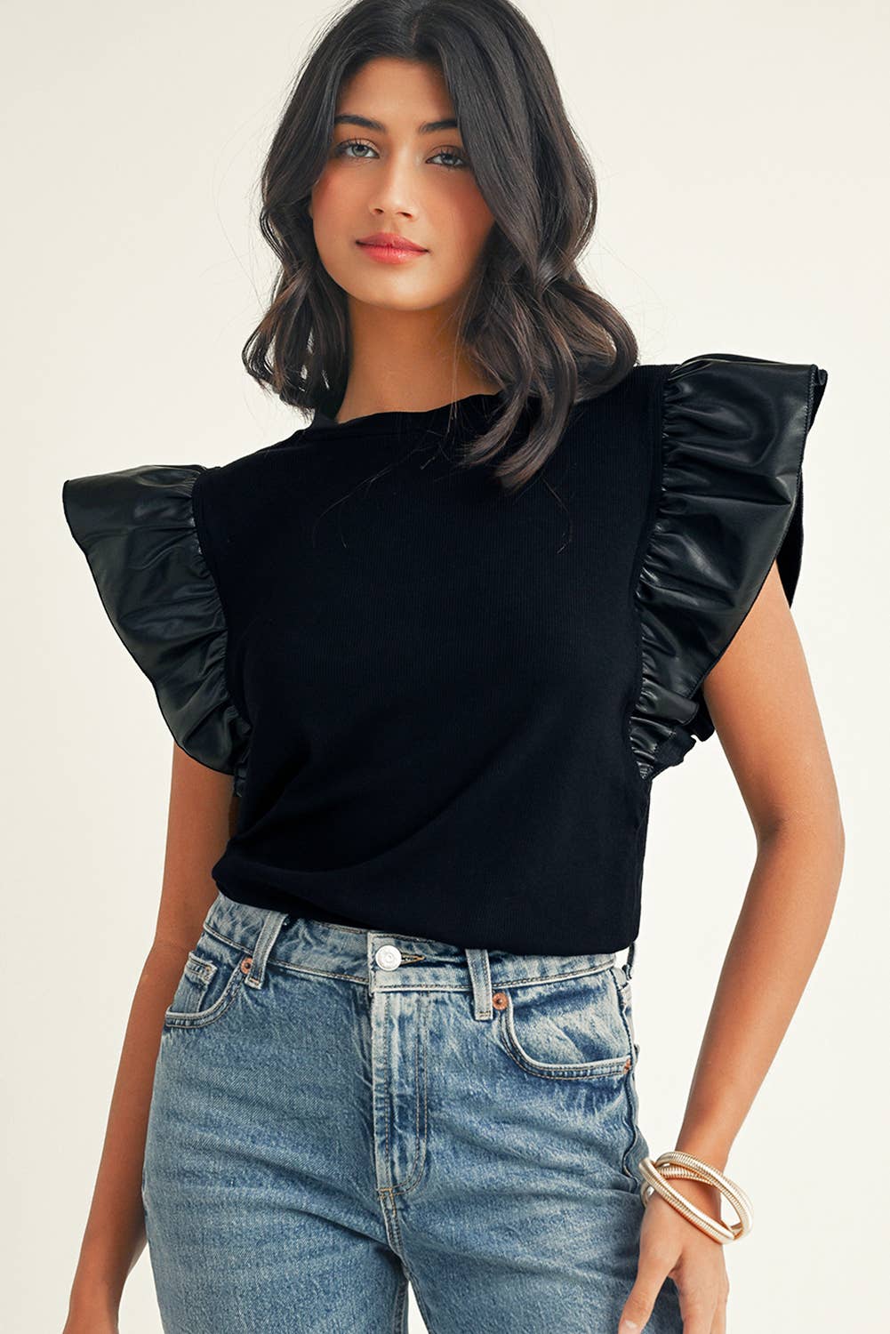 Black Ruffle Sleeve Top with Faux Leather Detail