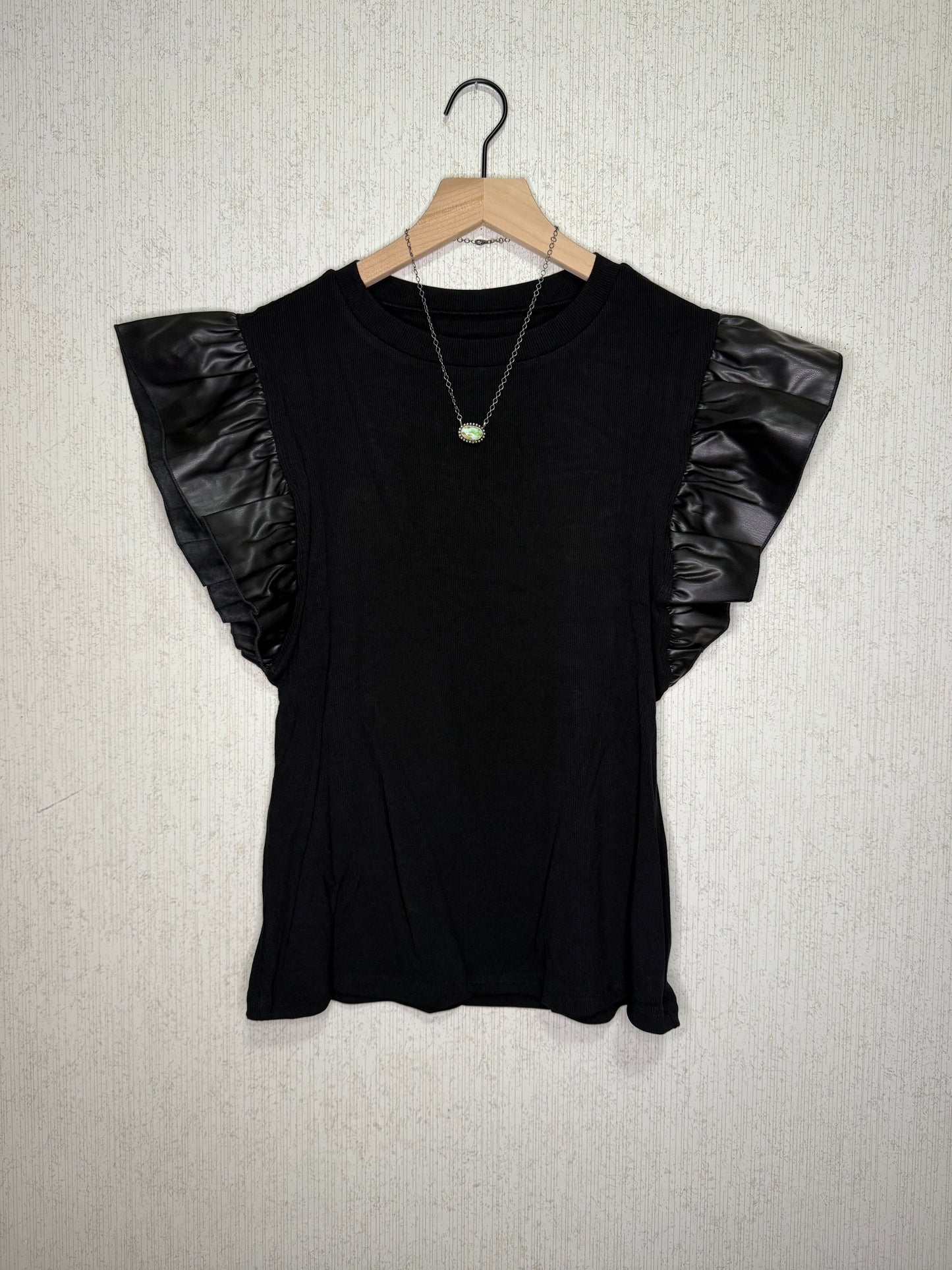 Black Ruffle Sleeve Top with Faux Leather Detail
