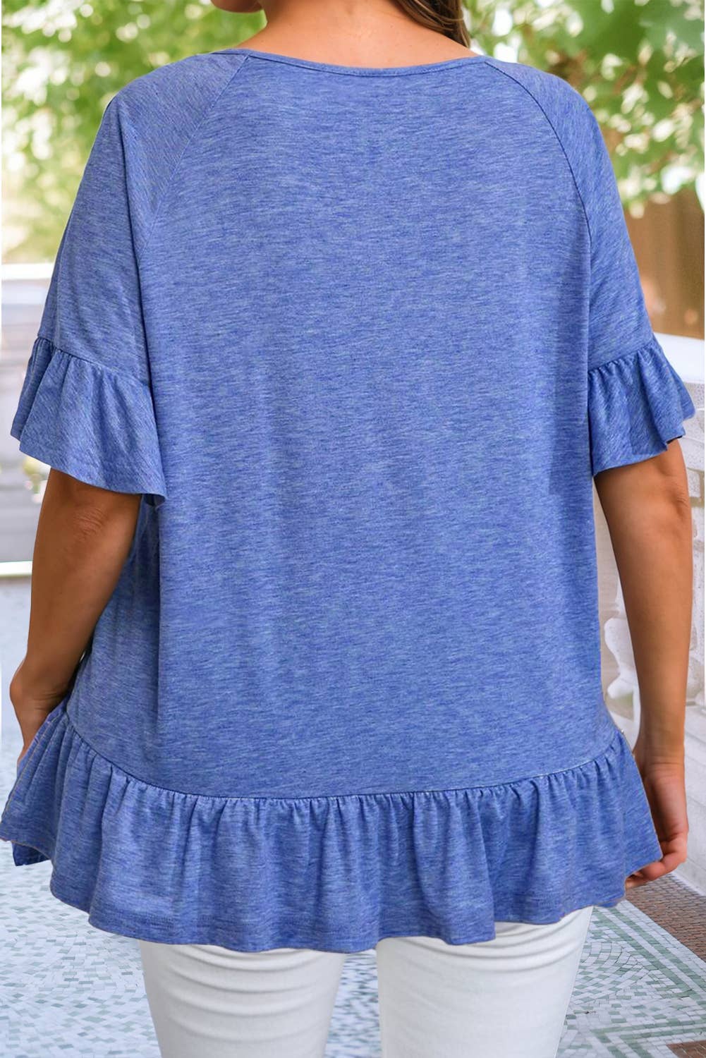 Plus Size Blue Ruffle Hem Top