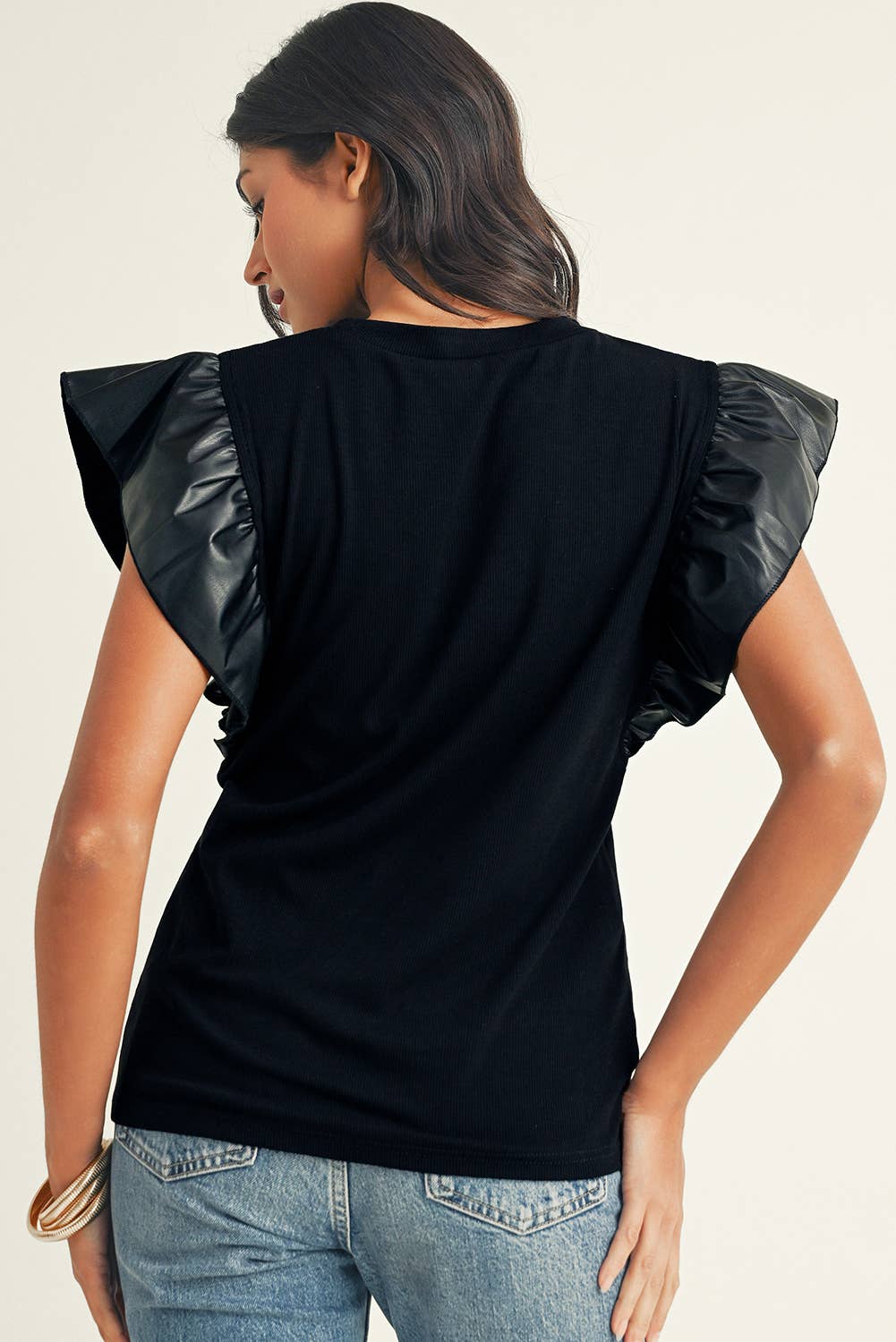 Black Ruffle Sleeve Top with Faux Leather Detail