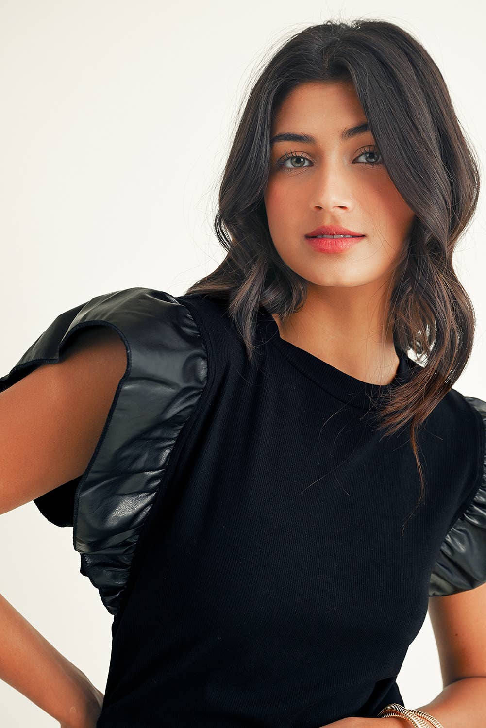 Black Ruffle Sleeve Top with Faux Leather Detail