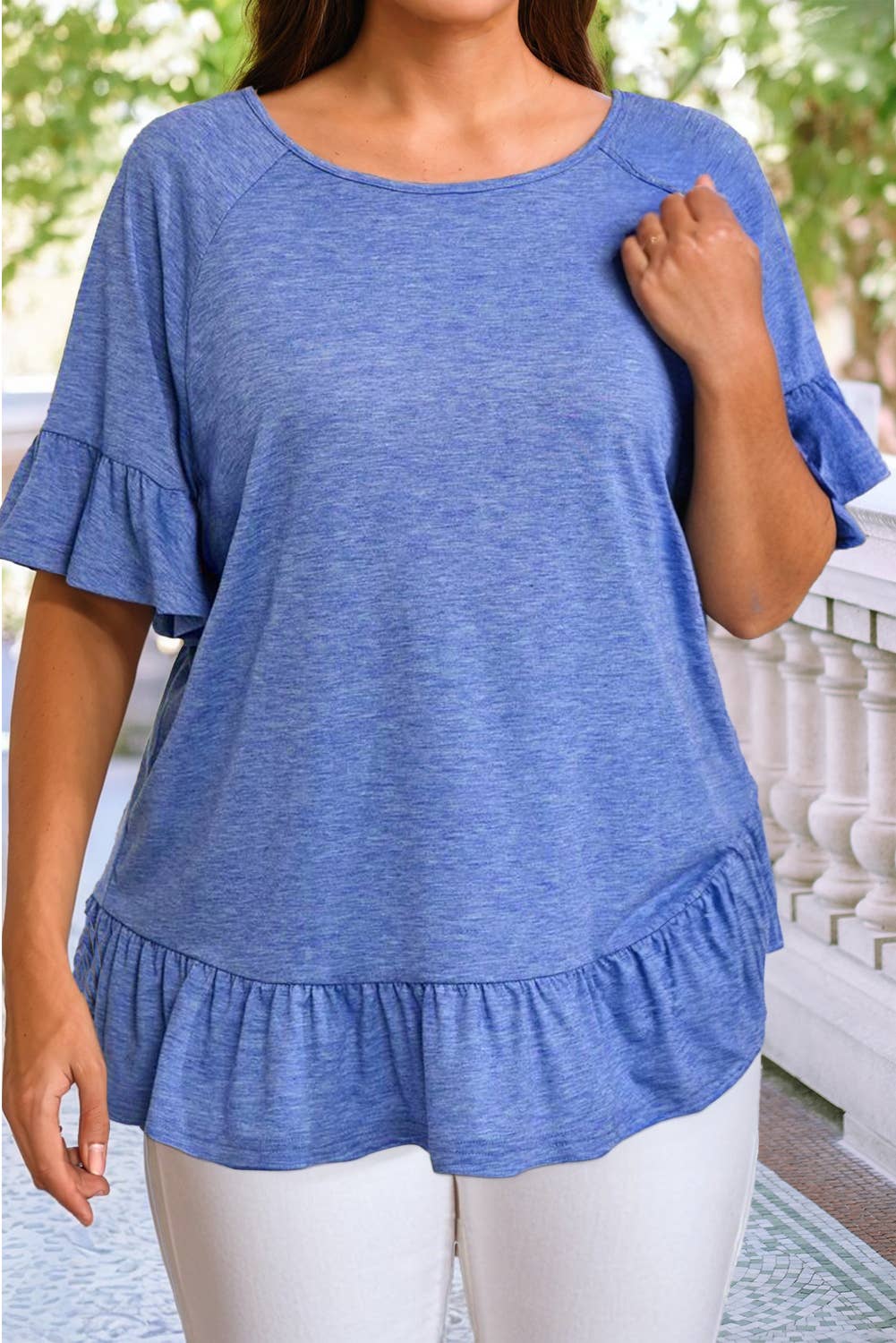 Plus Size Blue Ruffle Hem Top