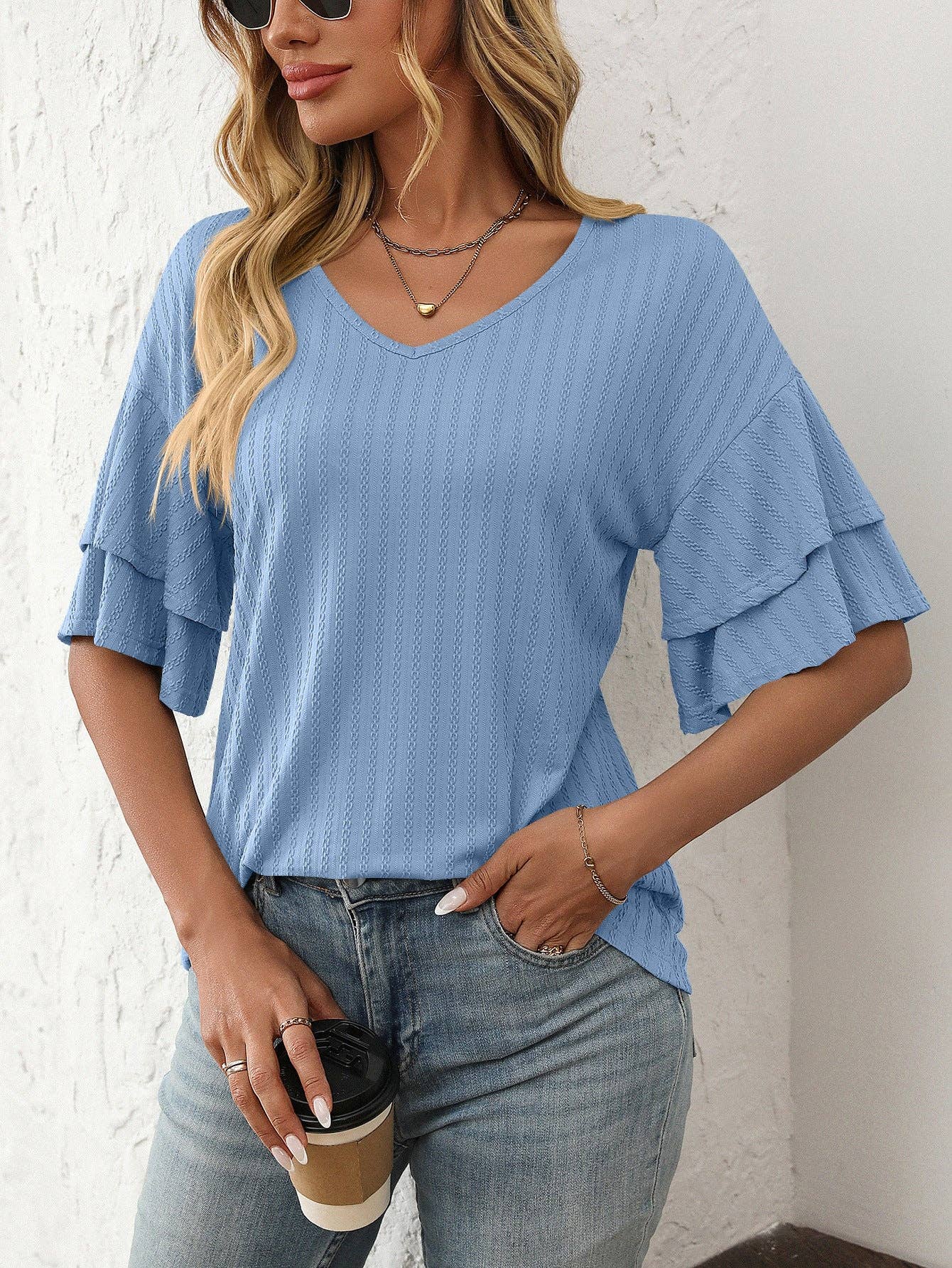 Sky Blue Ruffle Sleeve Top