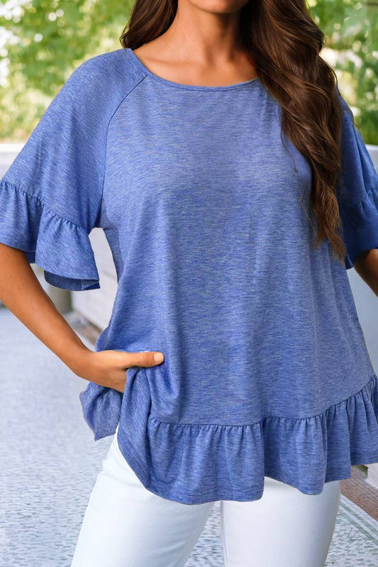 Plus Size Blue Ruffle Hem Top