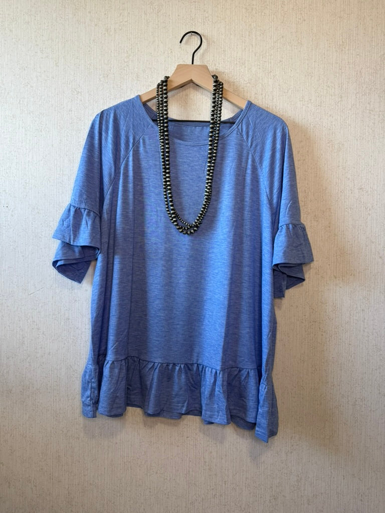 Plus Size Blue Ruffle Hem Top