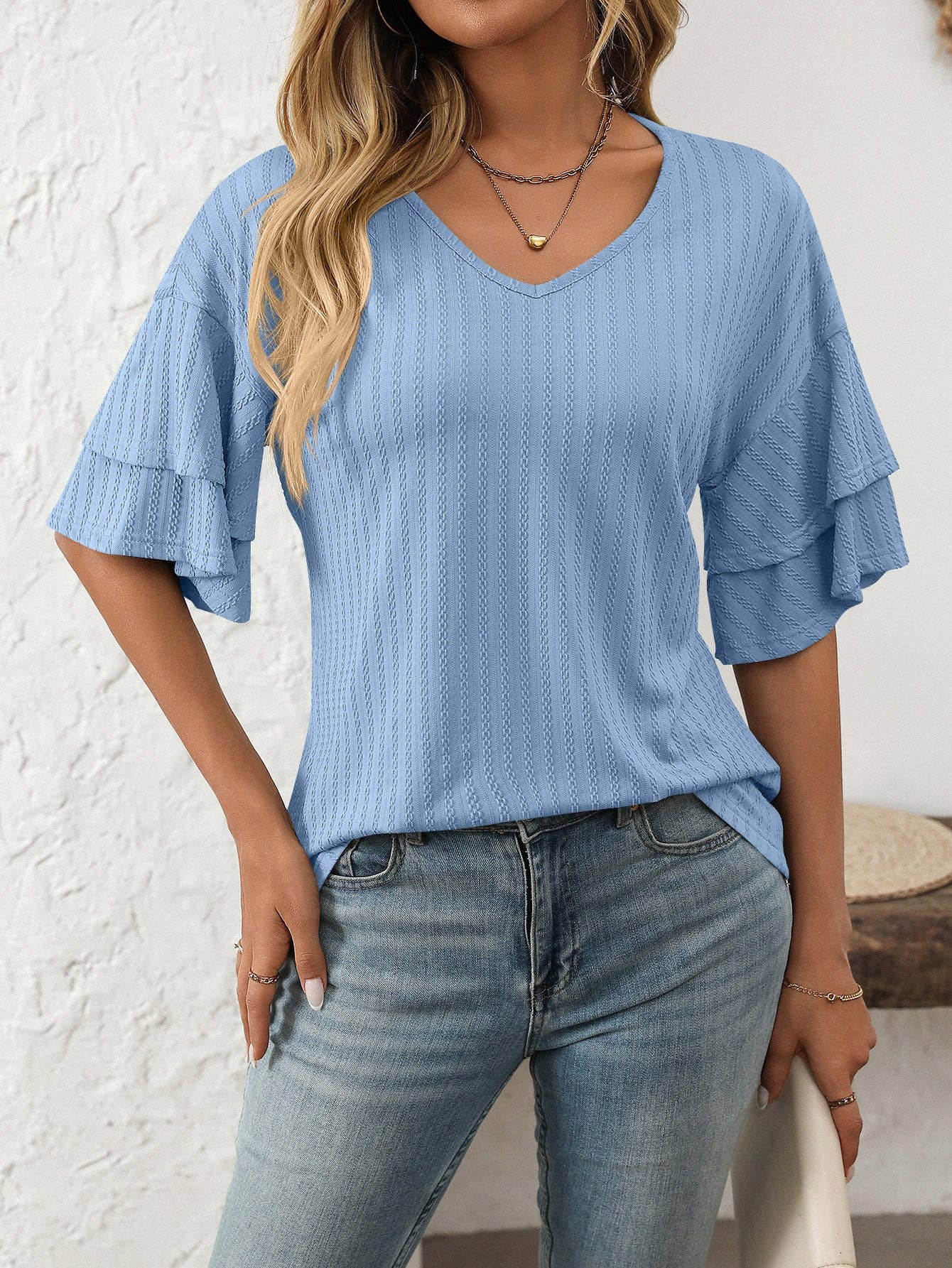 Sky Blue Ruffle Sleeve Top