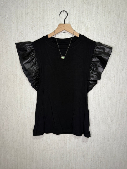 Black Ruffle Sleeve Top with Faux Leather Detail
