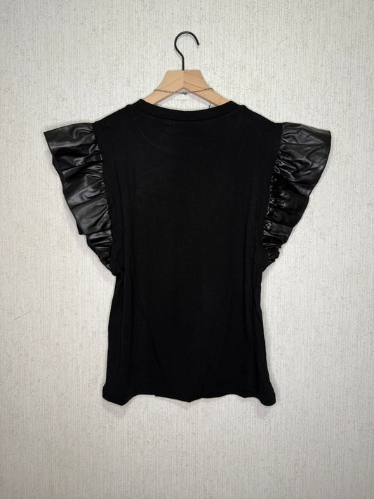Black Ruffle Sleeve Top with Faux Leather Detail